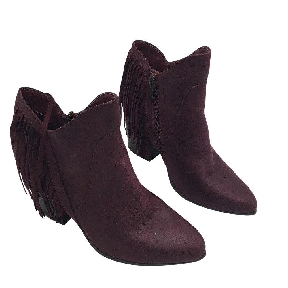 Sassy Burgundy Fringe Faux Suede Pointed Toe Ankle Boots Block Heel Size 7